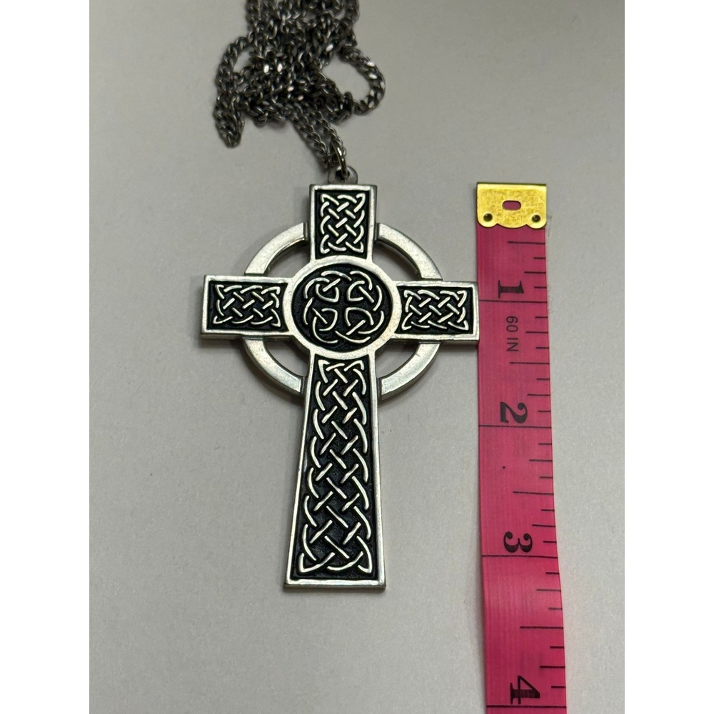 St Justin Celtic Cross Pendant Necklace Pewter Knotwork Silver Tone Large Irish